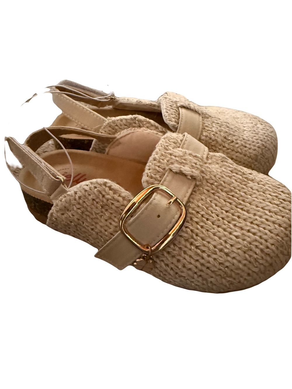 Girls Cream Woven Slingback Slides with Gold Buckle